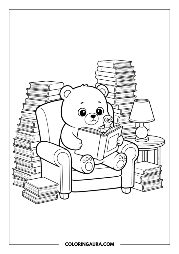 Line art coloring page showing a studious bear sitting in an armchair reading a book with a small bookworm, surrounded by tall stacks of books and a cozy lamp.