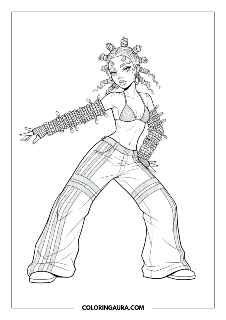 Line art coloring page showing a rave girl dancing in wide-leg "phat pants," a bikini top, and stacked arm cuffs, with a braided hairstyle.