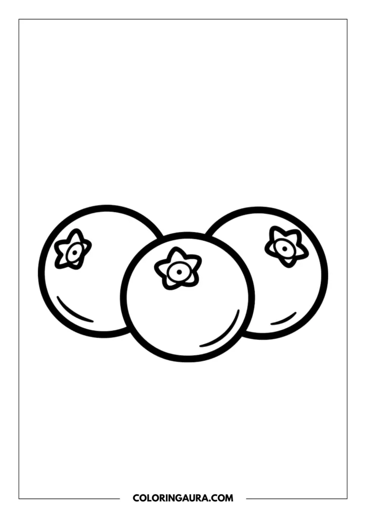 Line art coloring page showing a cluster of three plump blueberries with distinct star-shaped tops.