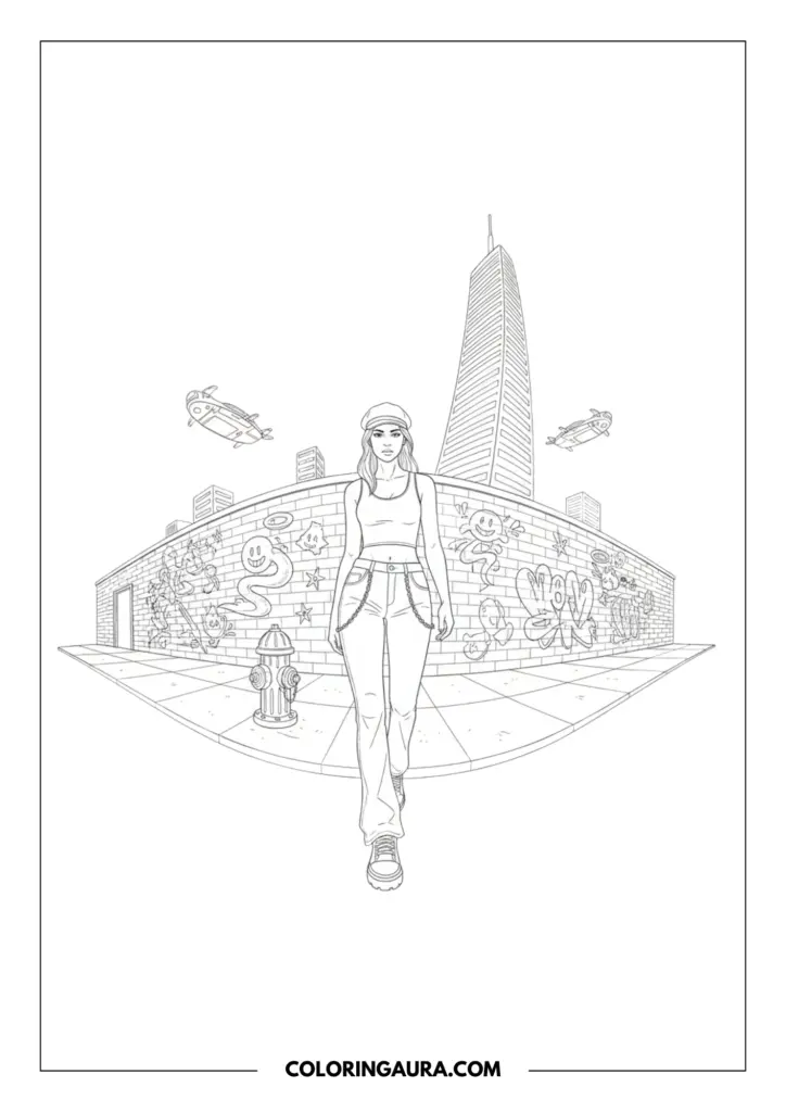 Line art coloring page showing a girl wearing a cropped puffer vest and cargo pants walking across a glass bridge. The background features a sprawling futuristic city with skyscrapers and flying vehicles in a clean outline style.
