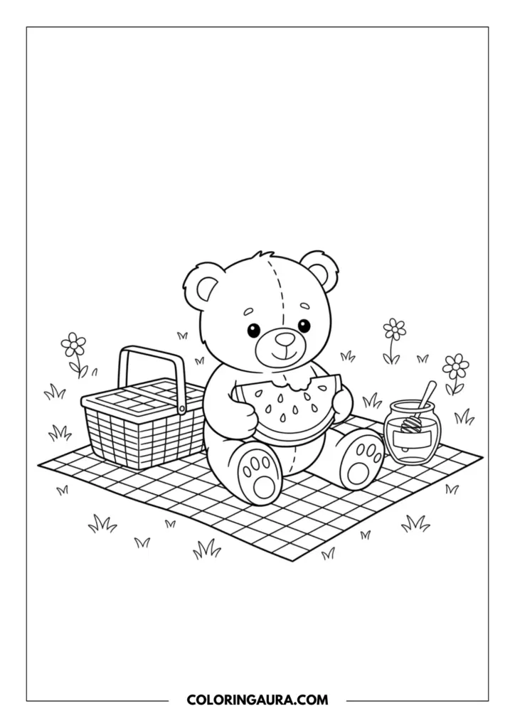 Line art coloring page showing a cute teddy bear having a picnic on a checkered blanket, eating a slice of watermelon next to a woven basket and a jar of honey.
