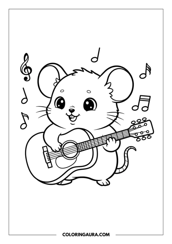 Line art coloring page showing a cheerful mouse strumming an acoustic guitar surrounded by floating musical notes.