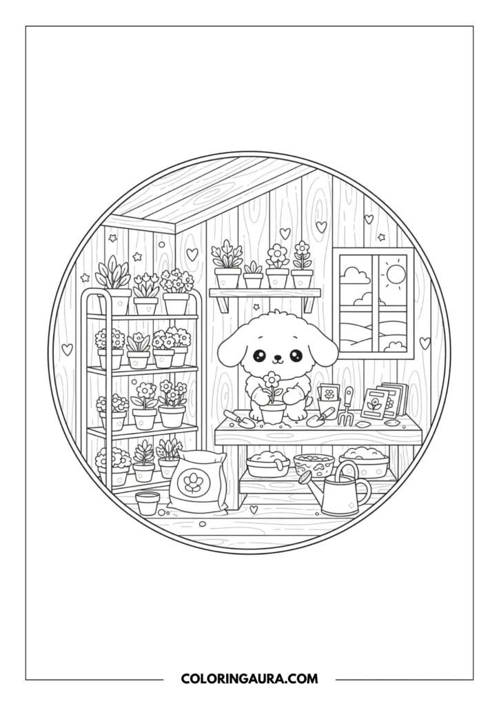 Line art coloring page showing a cute puppy planting flowers inside a rustic wooden shed. The circular scene features shelves filled with potted plants, bags of soil, a watering can, and gardening tools under a sunny window.