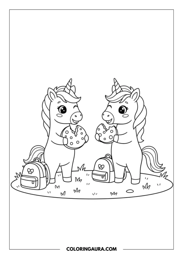 Line art coloring page showing two hungry unicorns enjoying a snack break outside. They are holding large chocolate chip cookies while their school backpacks sit on the grass beside them.