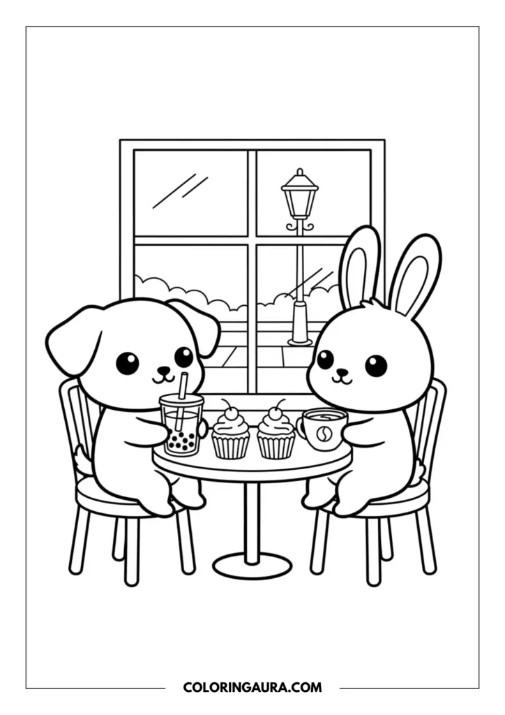 Line art coloring page showing a cute puppy and rabbit sitting at a cafe table enjoying bubble tea and cupcakes, with a street lamp visible through the large window.