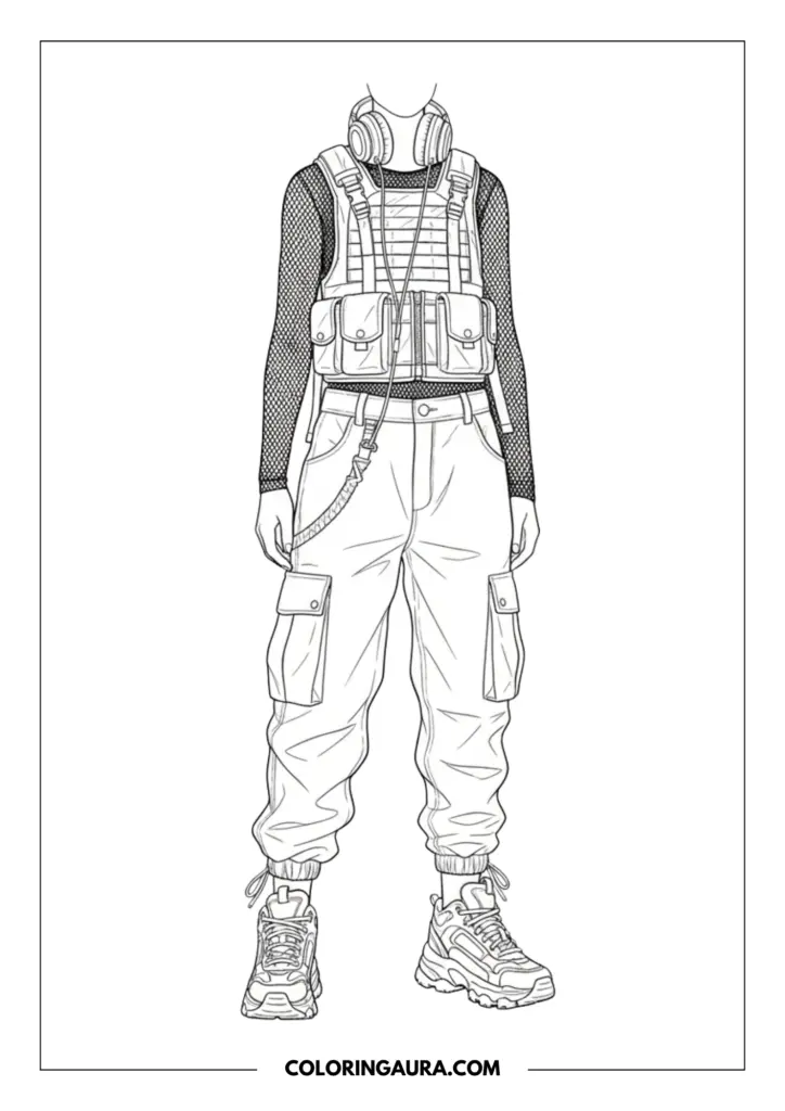 Line art coloring page showing a detailed streetwear outfit with a tactical vest over a mesh top, baggy cargo pants with straps, and headphones.