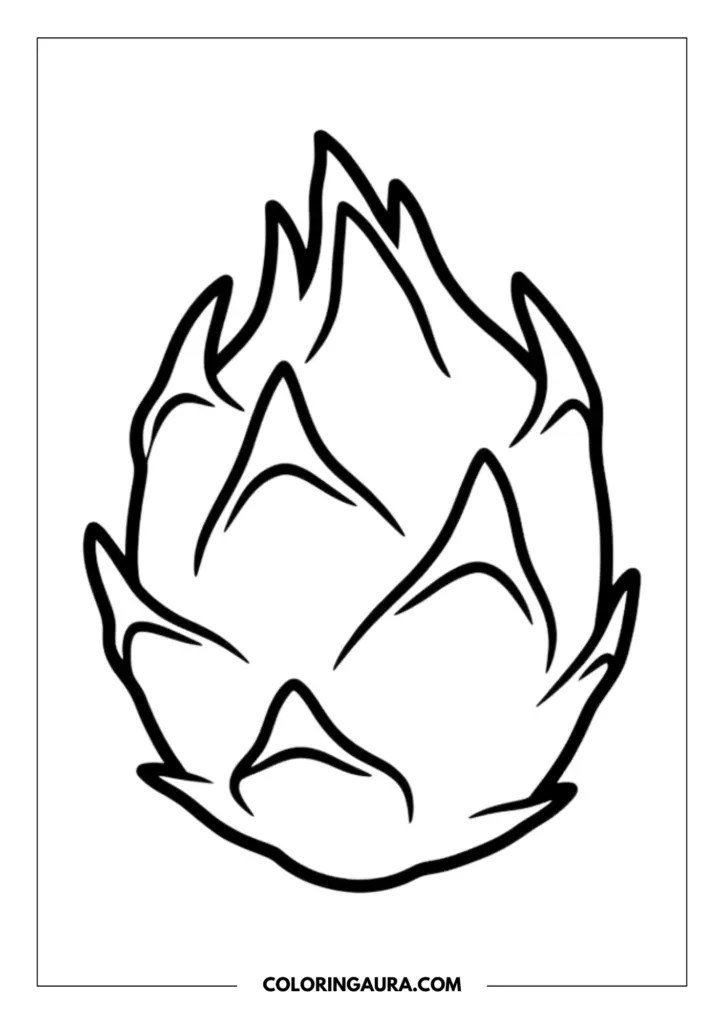 Line art coloring page showing a whole dragon fruit featuring its characteristic flame-like leafy scales.