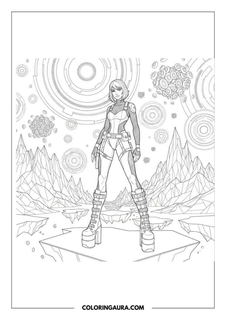 Outline of a cyber goth girl wearing a mesh bodysuit and tall platform boots standing on a geometric platform. The background is a digital landscape with wireframe mountains and floating tech circles.