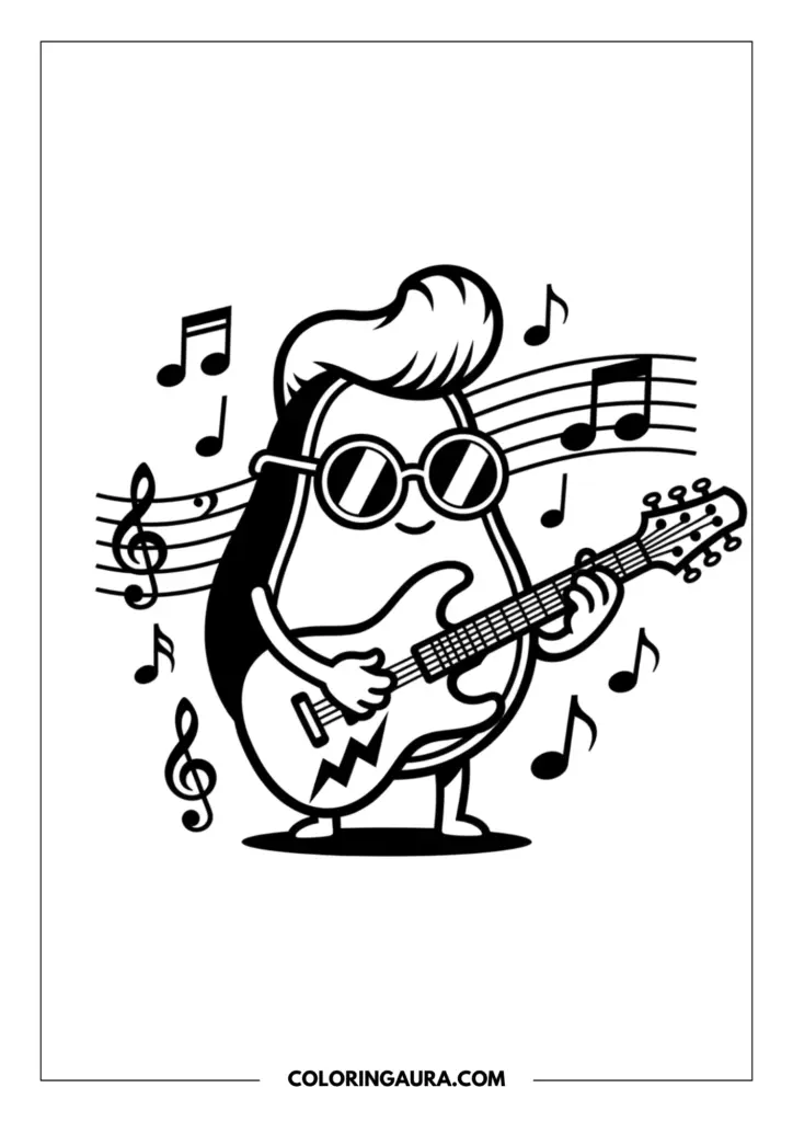 Line art coloring page showing a cute avocado dressed as a rockstar, wearing sunglasses and a pompadour hairstyle, playing an electric guitar surrounded by music notes.