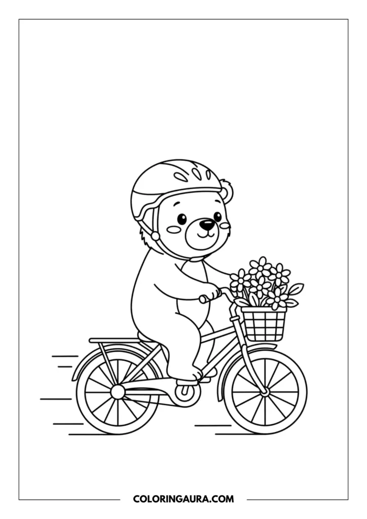 Line art coloring page showing a cute teddy bear riding a bicycle, wearing a safety helmet and carrying a basket full of flowers on the handlebars.