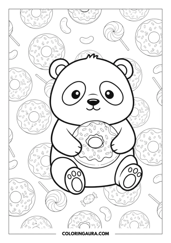 Line art coloring page showing a kawaii panda holding a large donut sitting in front of a background pattern of sweets and lollipops.