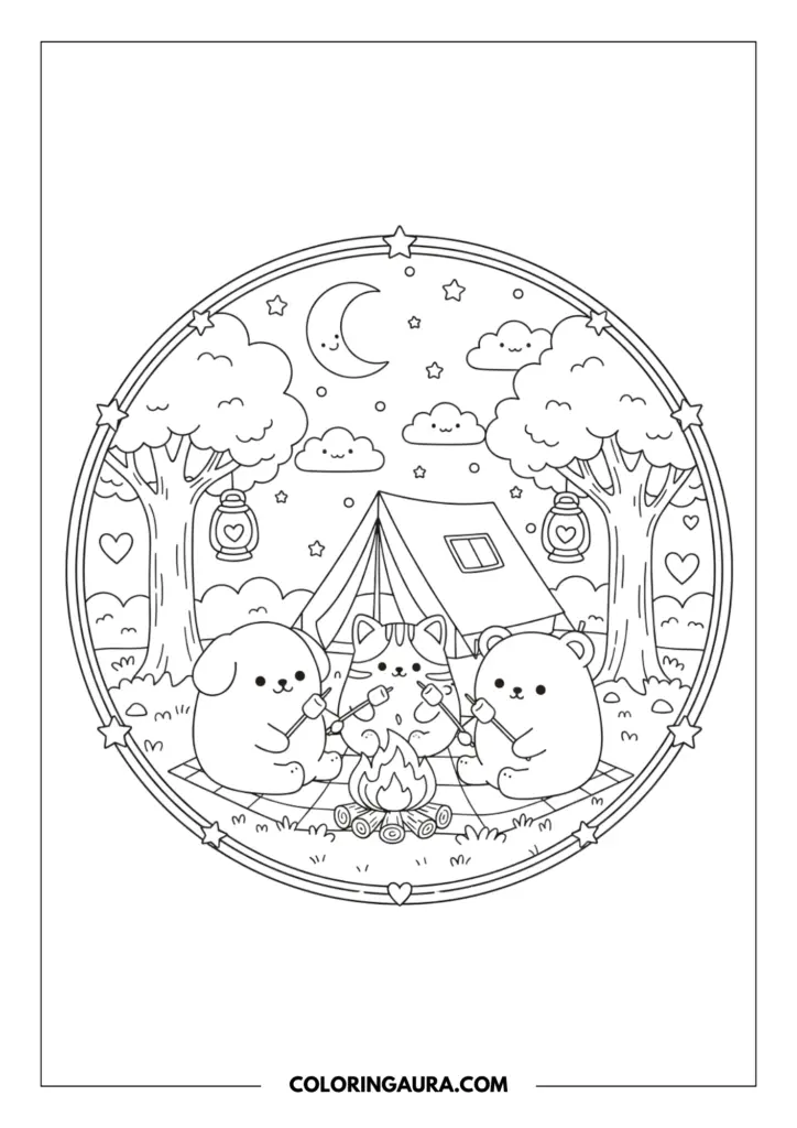 Line art coloring page showing a puppy, cat, and bear roasting marshmallows around a warm campfire. The dreamy circular scene includes a tent, lanterns hanging from trees, and a crescent moon in a starry night sky.
