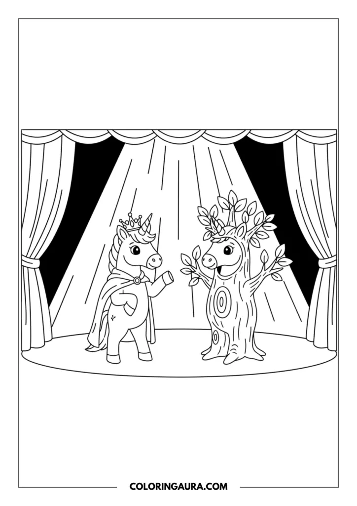 Line art coloring page showing two unicorns performing in a school play on a stage with heavy curtains. One unicorn wears a royal cape and crown, while the other is dressed in a funny tree costume under a spotlight.