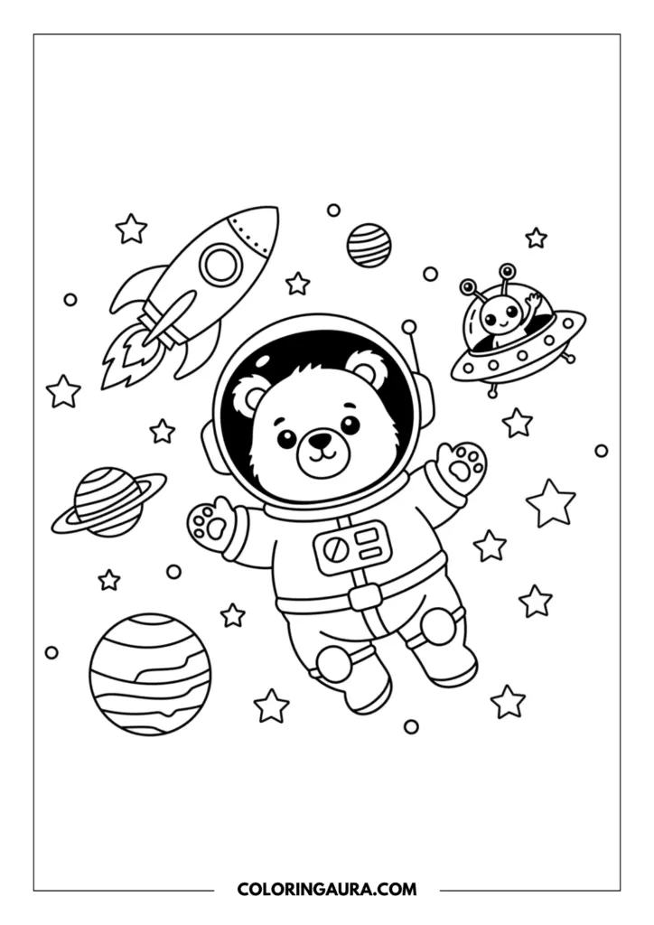 Line art coloring page showing a cute astronaut bear floating in space wearing a spacesuit, surrounded by a rocket, planets, stars, and an alien in a UFO.