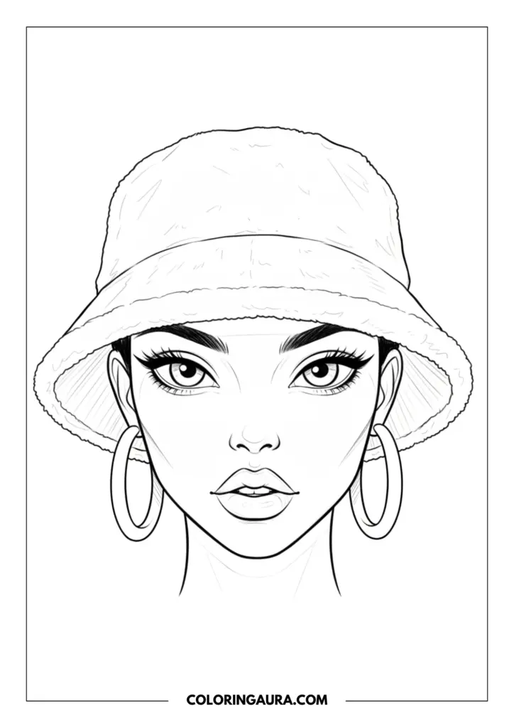 Line art coloring page showing a close-up portrait of a beautiful girl wearing a fuzzy texture bucket hat and large oversized hoop earrings.