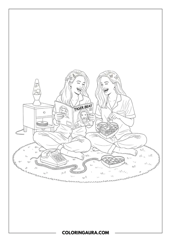 Line art coloring page showing two best friends in silk pajamas at a slumber party. They are laughing while holding a Tiger Beat magazine and heart chocolates on a shag rug with a retro landline phone.