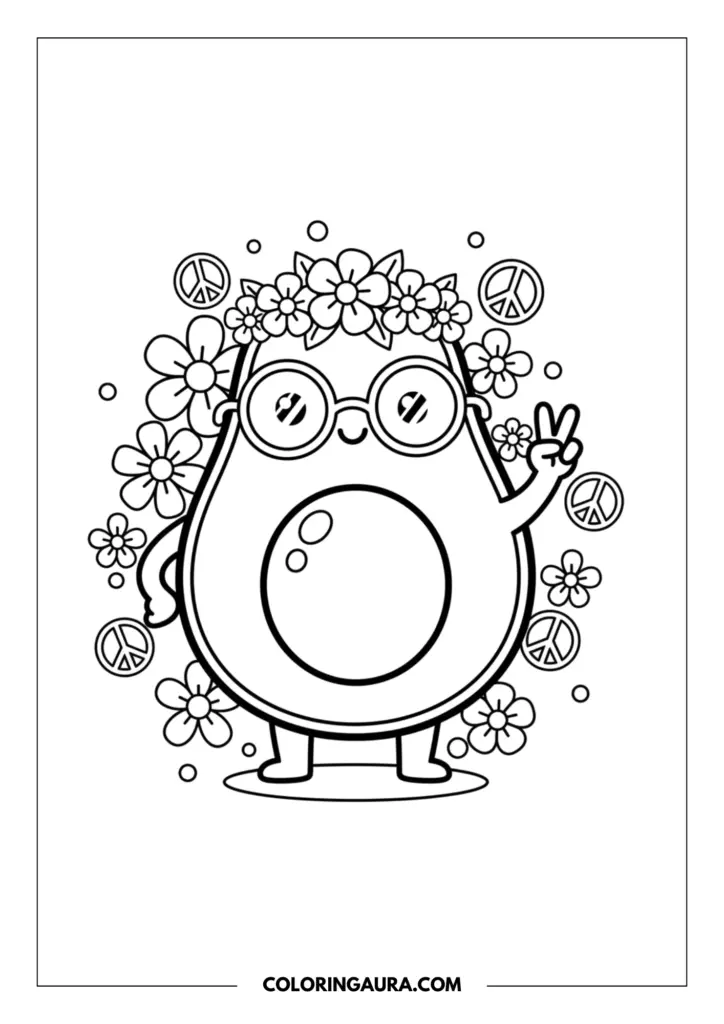 Line art coloring page showing a cute avocado character wearing round sunglasses and a floral wreath, making a peace sign hand gesture, surrounded by blooming flowers and peace symbols.