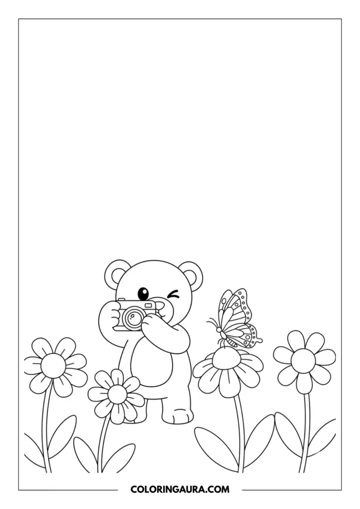 Line art coloring page showing a cute teddy bear holding a camera and winking, surrounded by blooming flowers and a butterfly.