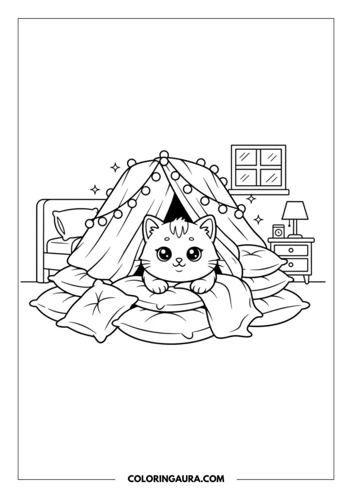 Line art coloring page showing a cute kitten peeking out of a cozy pillow fort draped with fairy lights in a bedroom setting.