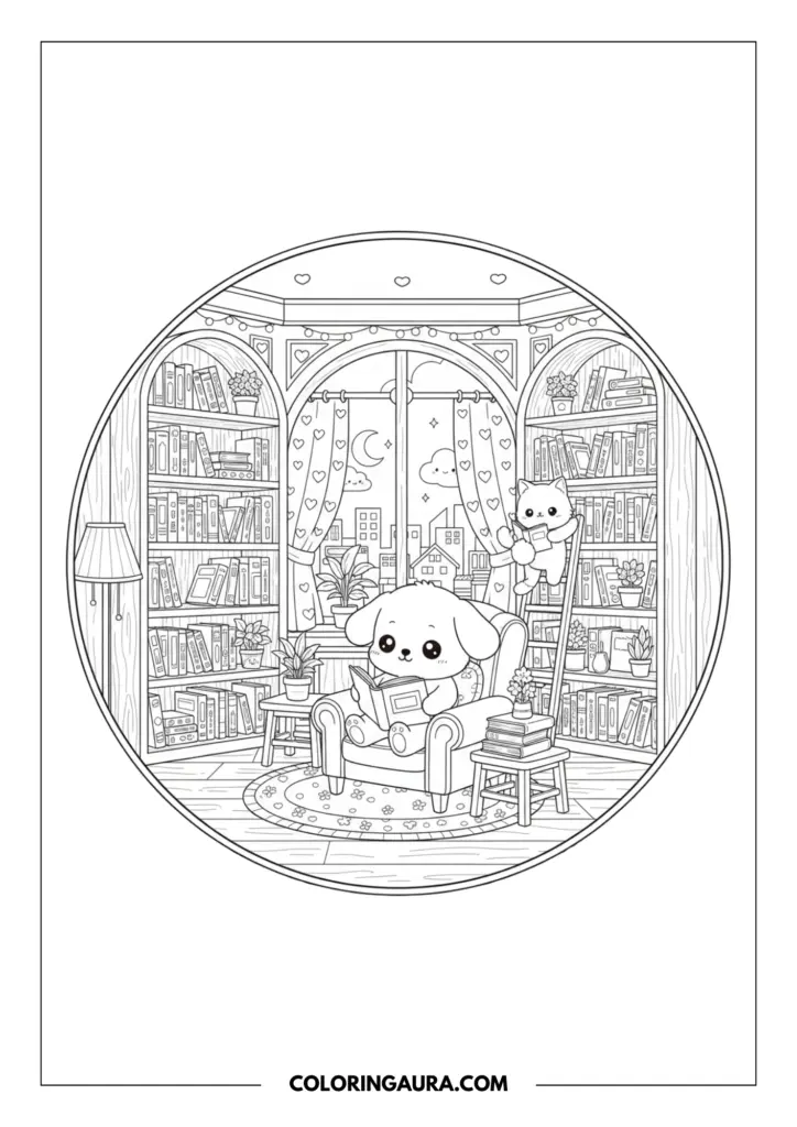 Line art coloring page showing a puppy reading in a comfy chair and a cat sitting on a ladder in a home library. The circular scene is filled with tall bookshelves and a large window looking out at a dreamy moonlit city.