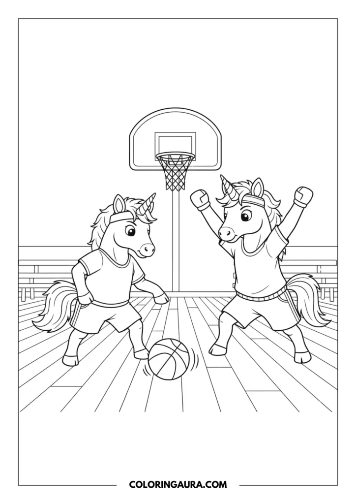 Line art coloring page showing two athletic unicorns playing a game of basketball in a gymnasium. One unicorn dribbles the ball while the other cheers, standing on a wooden court in front of a basketball hoop and bleachers.