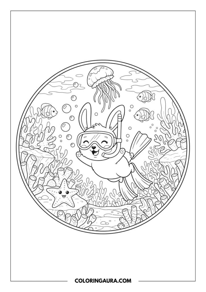 Line art coloring page showing a rabbit wearing a snorkel mask and fins swimming underwater with jellyfish, tropical fish, and starfish within a circular frame.