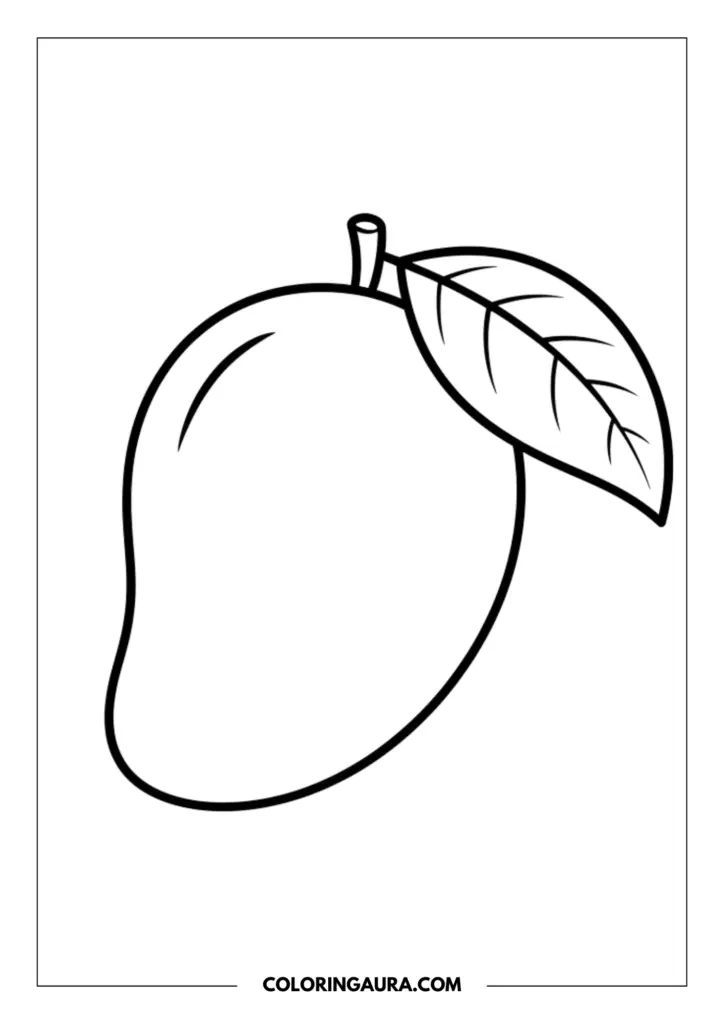 Line art coloring page showing a smooth, oval-shaped mango fruit with a short stem and a single large leaf attached, featuring simple leaf vein details.