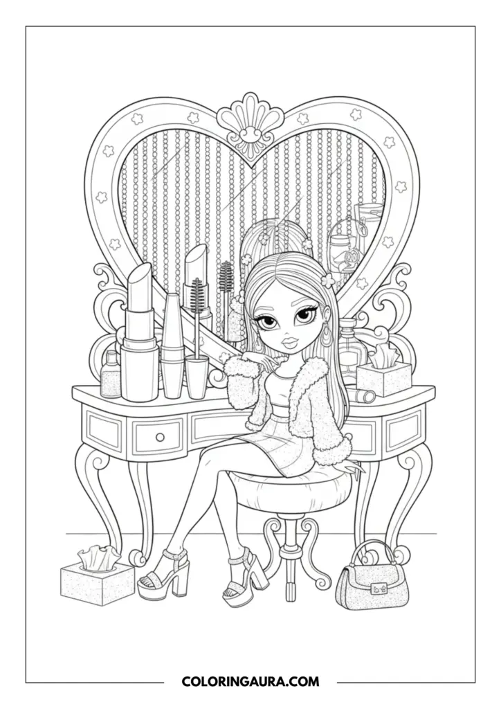 Line art coloring page showing a stylish girl in a faux-fur trimmed cardigan and platform heels sitting at a glamorous vanity with a large heart-shaped mirror and oversized makeup accessories.