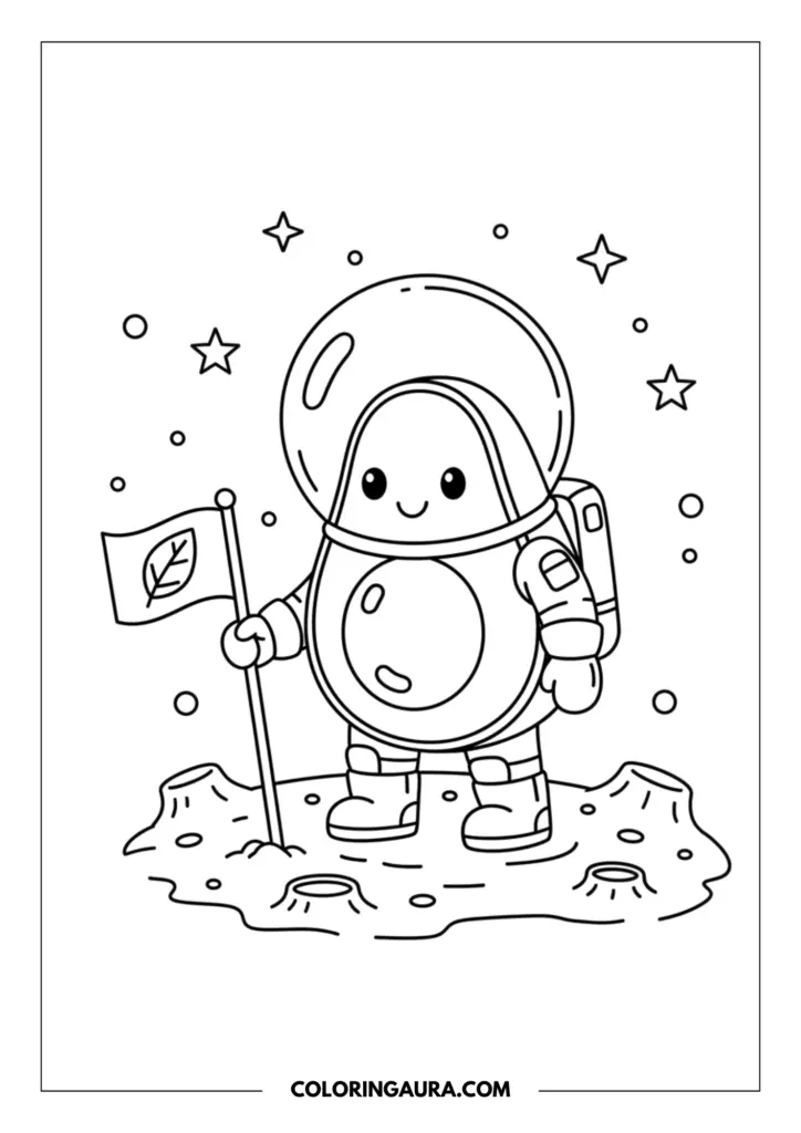 Line art coloring page showing an avocado dressed in a space suit and helmet, standing on the moon's surface and holding a flag with a leaf design, surrounded by twinkling stars.