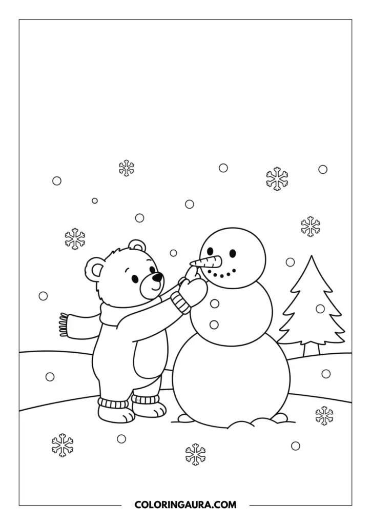 Line art coloring page showing a cute teddy bear wearing a scarf, placing a carrot nose on a snowman while snow falls near a pine tree.