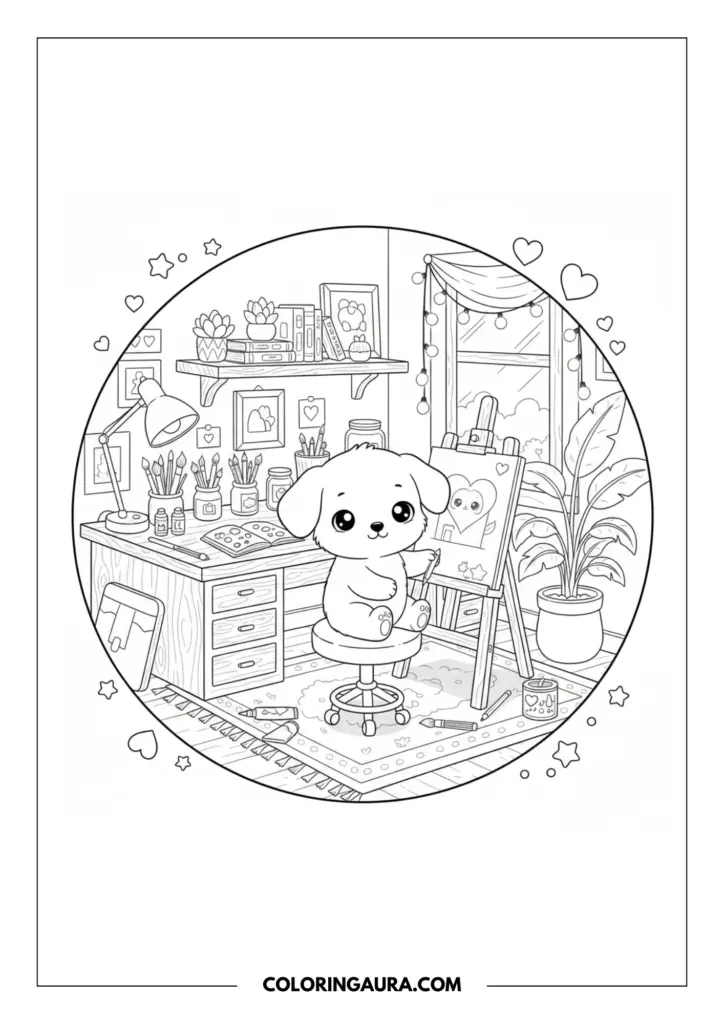 Line art coloring page showing an artist puppy painting a heart on a canvas in a creative studio. The circular scene includes a desk cluttered with paintbrushes and jars, an adjustable lamp, a potted plant, and a window decorated with string lights.