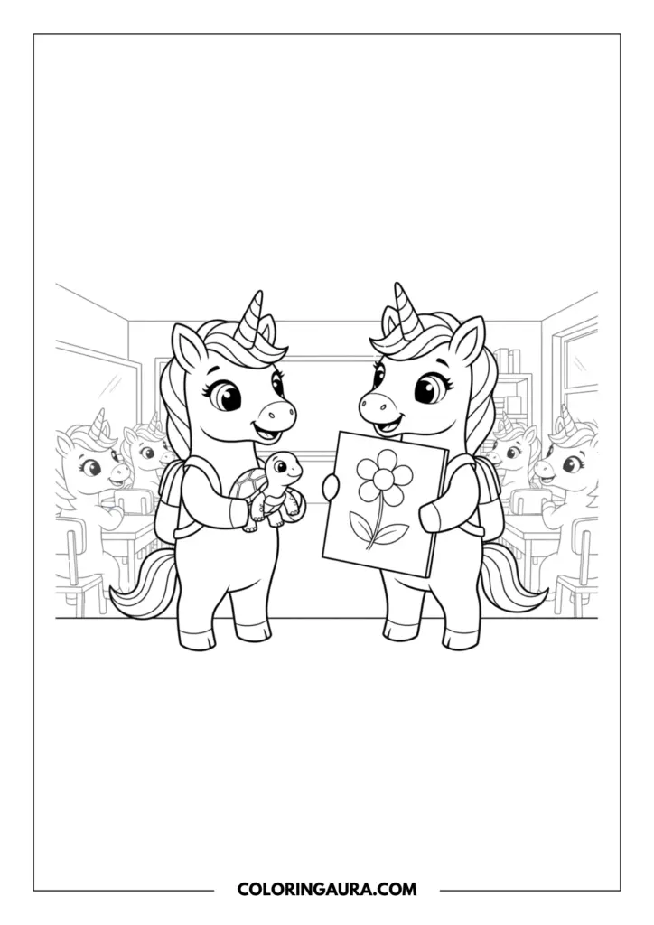 Line art coloring page showing two student unicorns presenting at the front of a classroom for show and tell. One holds a small turtle pet, and the other displays a drawing of a flower, with classmates sitting at desks in the background.