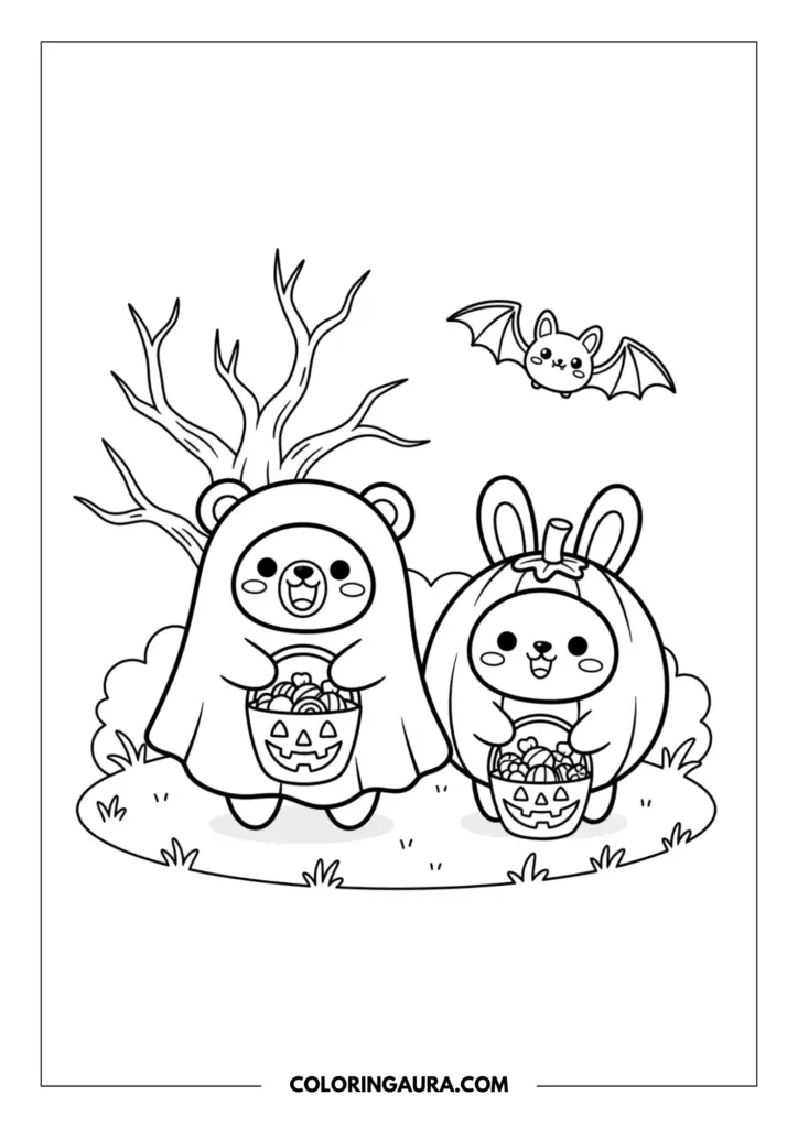 Line art coloring page showing a cute bear dressed as a ghost and a rabbit dressed as a pumpkin holding candy buckets, standing near a spooky tree and flying bats.