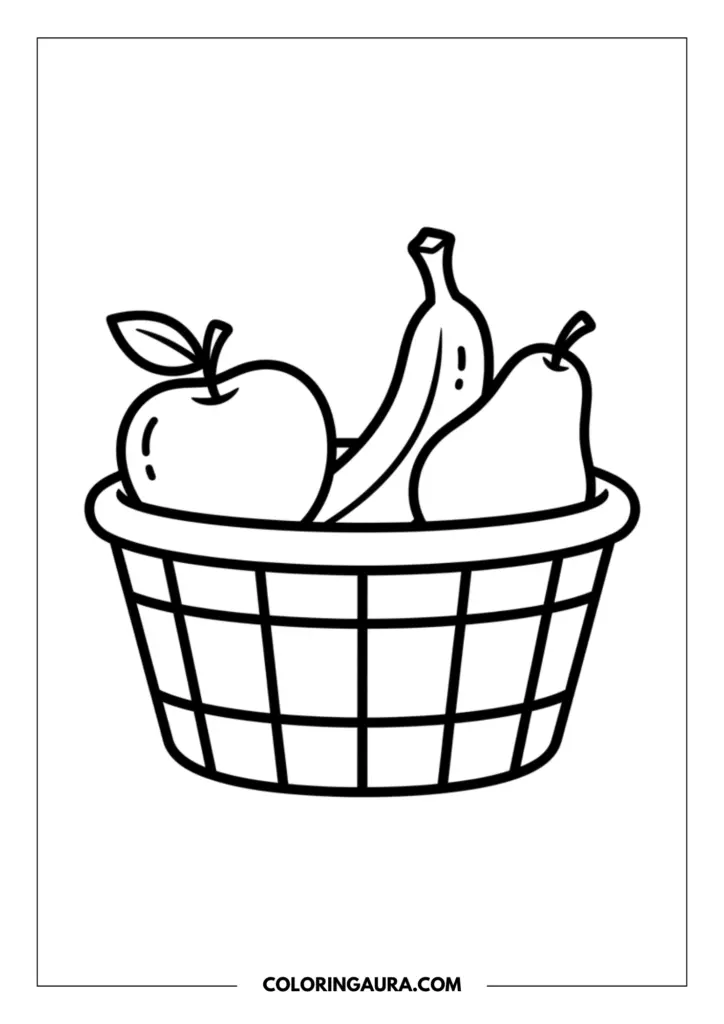 Line art coloring page showing a woven basket filled with an assortment of fruits including a round apple with a stem and leaf, a curved banana, and a pear with a stem.
