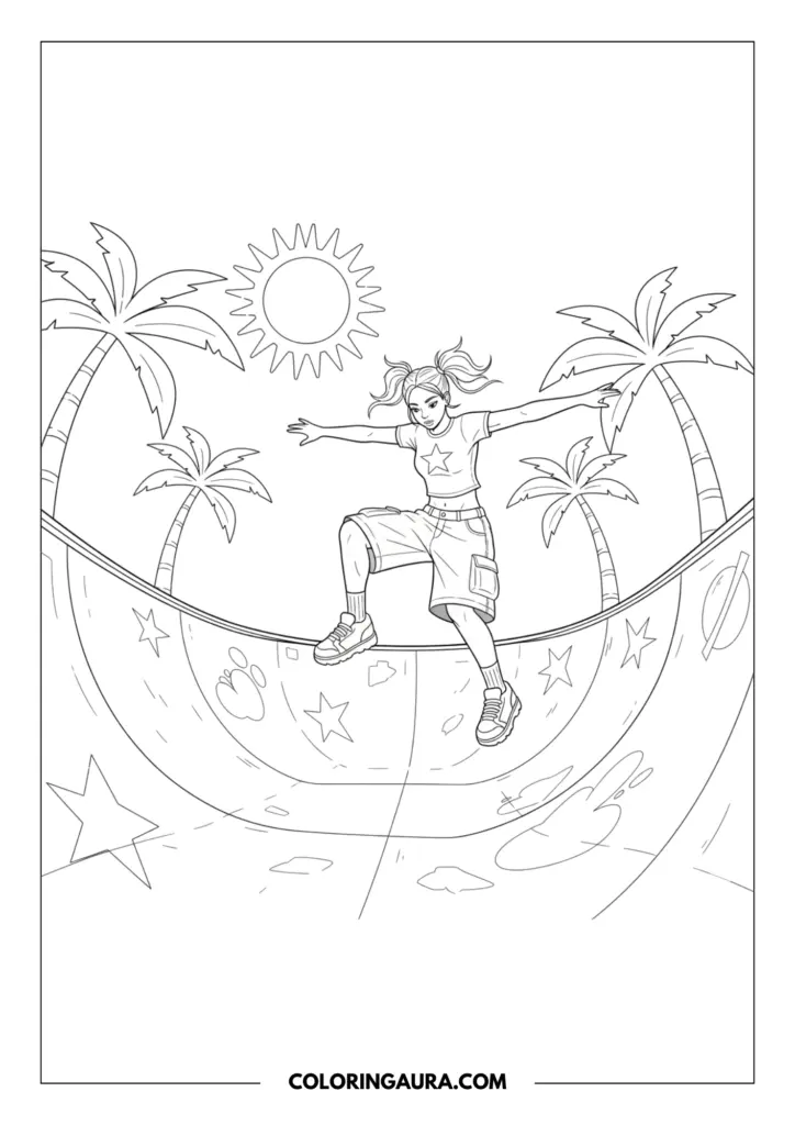 Line art coloring page showing a girl with pigtails wearing a star graphic baby tee and baggy cargo shorts skating in a half-pipe ramp. The tropical background includes stylized palm trees and a bright sun.