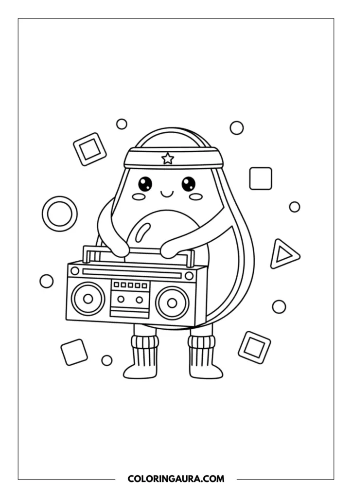 Line art coloring page showing a cheerful avocado wearing a workout headband and socks, holding a large retro boombox stereo, surrounded by floating geometric shapes.