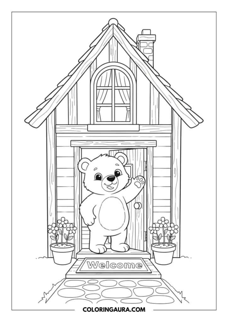 Line art coloring page showing a cute teddy bear waving from the open door of a wooden house with a welcome mat and flower pots.
