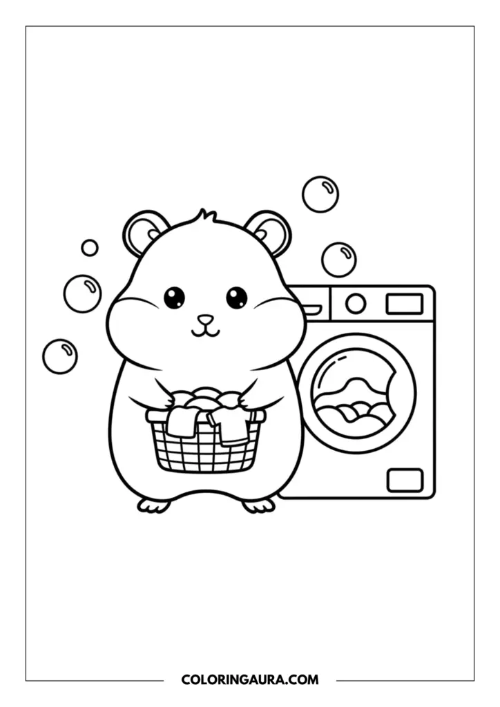 Line art coloring page showing a happy squirrel holding an acorn standing on the balcony of a wooden treehouse with a ladder.