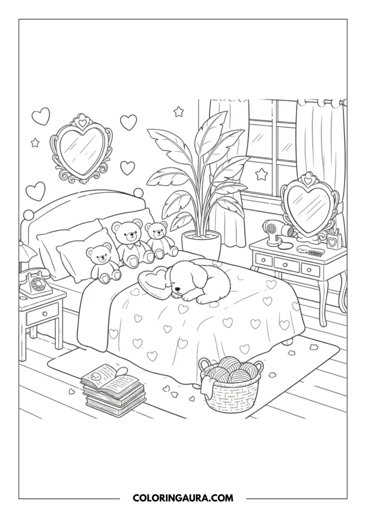Line art coloring page showing a puppy sleeping peacefully on a bed covered in a duvet with heart patterns. The detailed bedroom scene features a large heart-shaped wall mirror, a vanity table with beauty accessories, a tall potted plant, and teddy bears resting on the pillows.