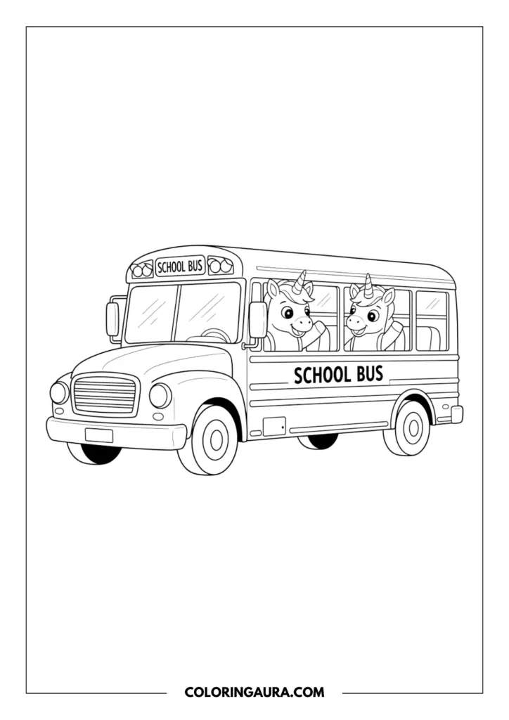 Outline of a large school bus with two happy unicorns looking out from the open windows. The detailed vehicle features the words "SCHOOL BUS" on the side, large tires, mirrors, and headlights, ready for a ride to school.