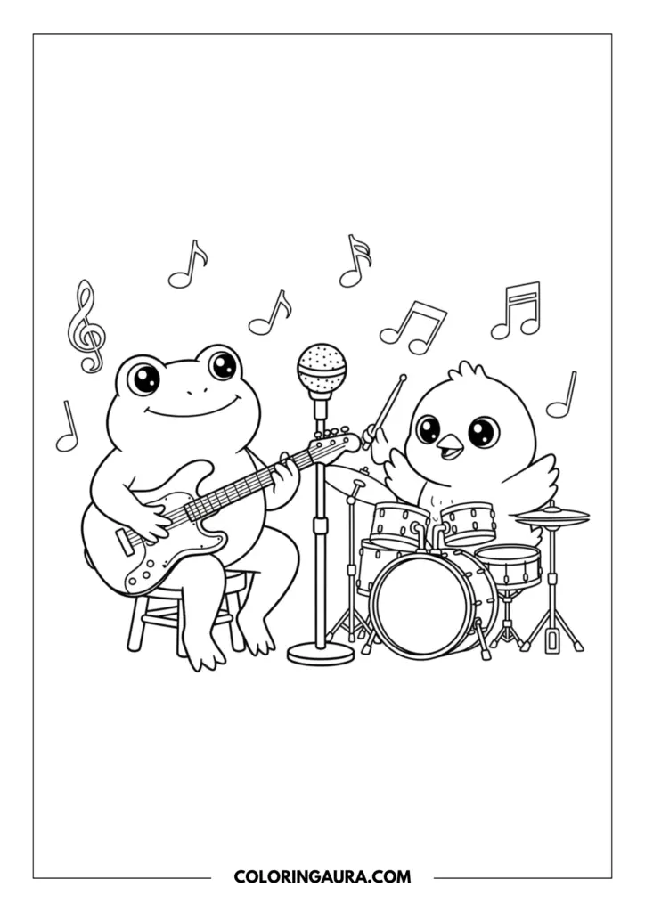 Line art coloring page showing a cool frog playing an electric guitar and a chick playing drums with a microphone and musical notes floating around.