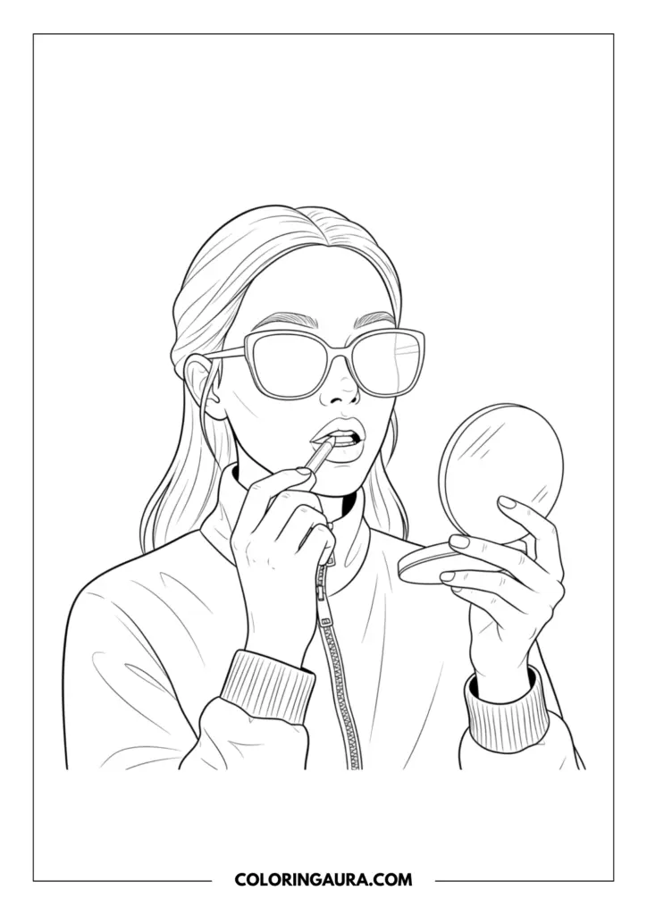 Line art coloring page showing a stylish girl applying lip gloss while looking into a compact mirror, wearing large rimless sunglasses and a zip-up jacket.