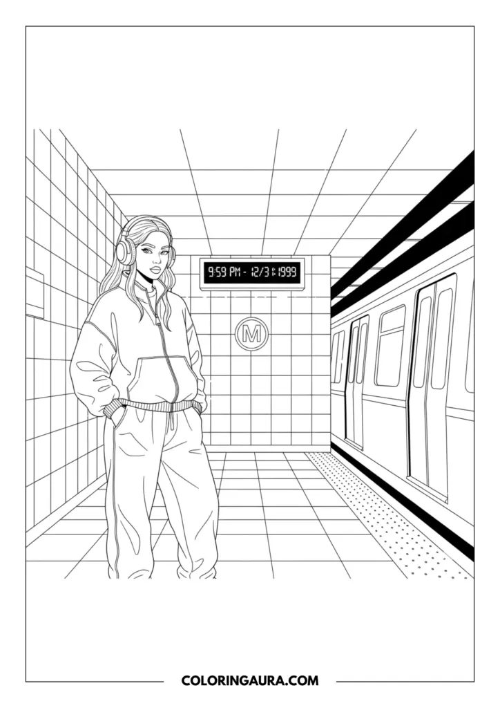 Outline of a girl wearing a zip-up tracksuit and over-ear headphones waiting on a tiled subway platform. A digital clock displays the historic time on New Year's Eve 1999 next to an arriving train.