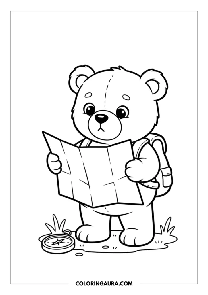 Line art coloring page showing a cute teddy bear explorer wearing a backpack, reading a large map, and standing near a compass on the ground.