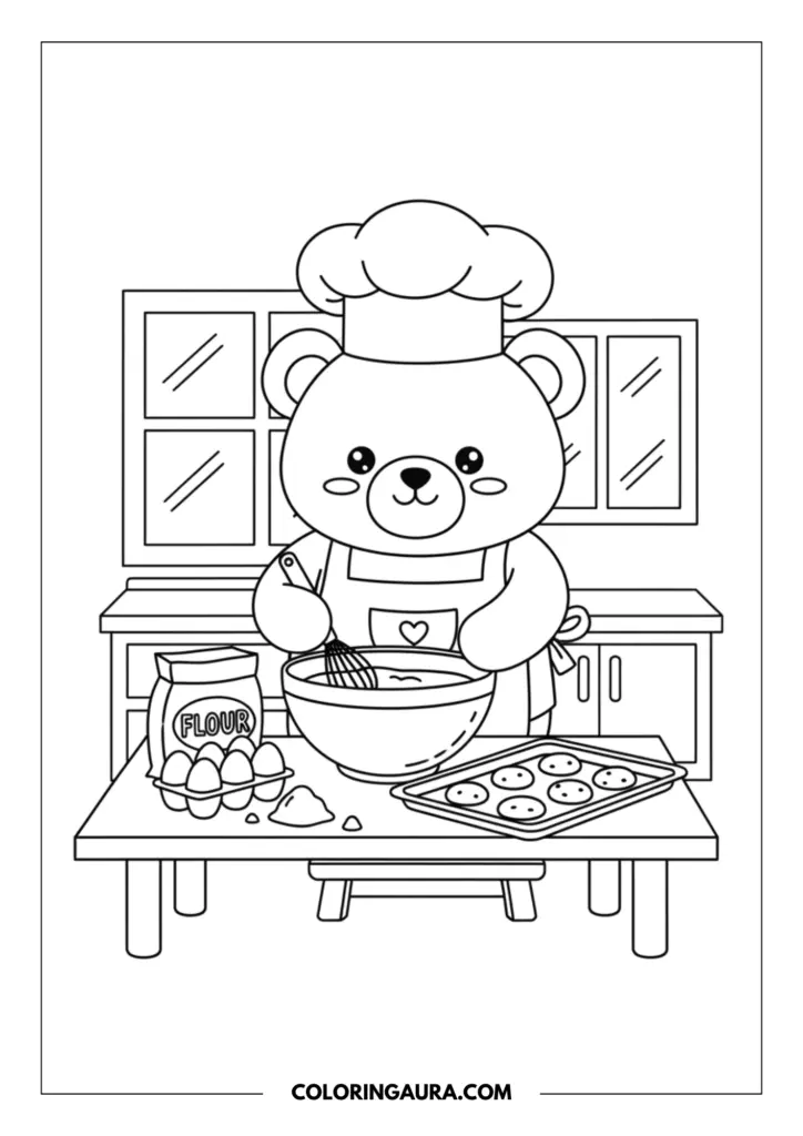 Line art coloring page showing a teddy bear wearing a chef hat and apron whisking batter in a bowl on a table with flour, eggs, and a baking tray.