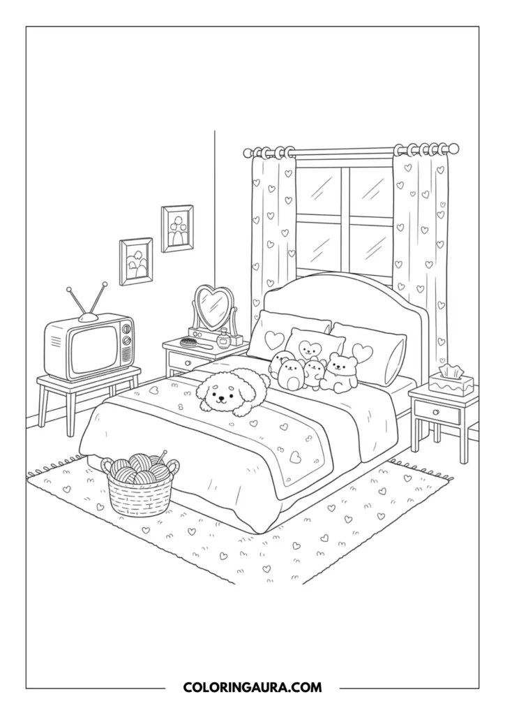 Line art coloring page showing a cute puppy resting on a bed in a cozy room. The detailed scene features a retro television set on a wooden stand, a woven basket filled with yarn balls on a heart-patterned rug, and framed pictures on the wall near a window with draped curtains.