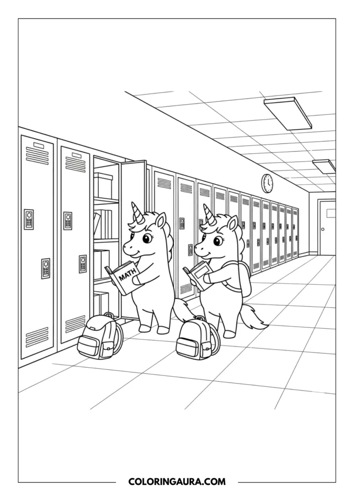 Line art coloring page showing two student unicorns standing by open lockers in a detailed school hallway. One unicorn holds a textbook labeled "MATH" while the other reads, with their backpacks resting on the tiled floor beneath a wall clock.