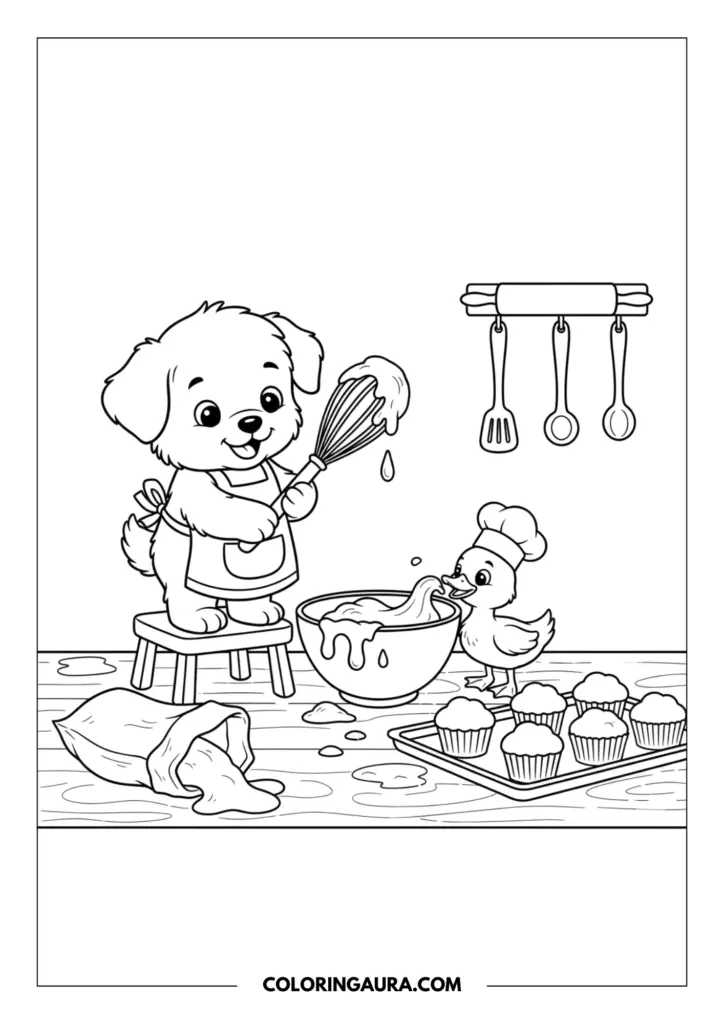 Line art coloring page showing an adorable puppy standing on a stool whisking batter while a duckling in a chef hat watches, surrounded by spilled flour, muffins, and kitchen utensils.