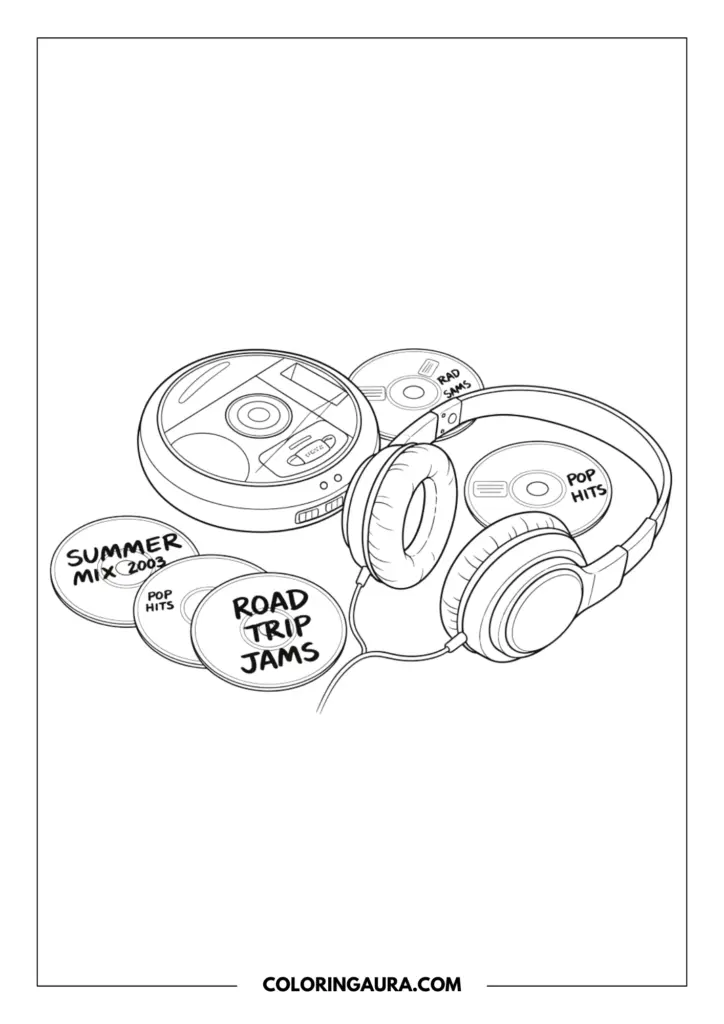 Line art coloring page showing a retro portable CD player surrounded by scattered CDs with handwritten labels like "Summer Mix" and large over-ear headphones.