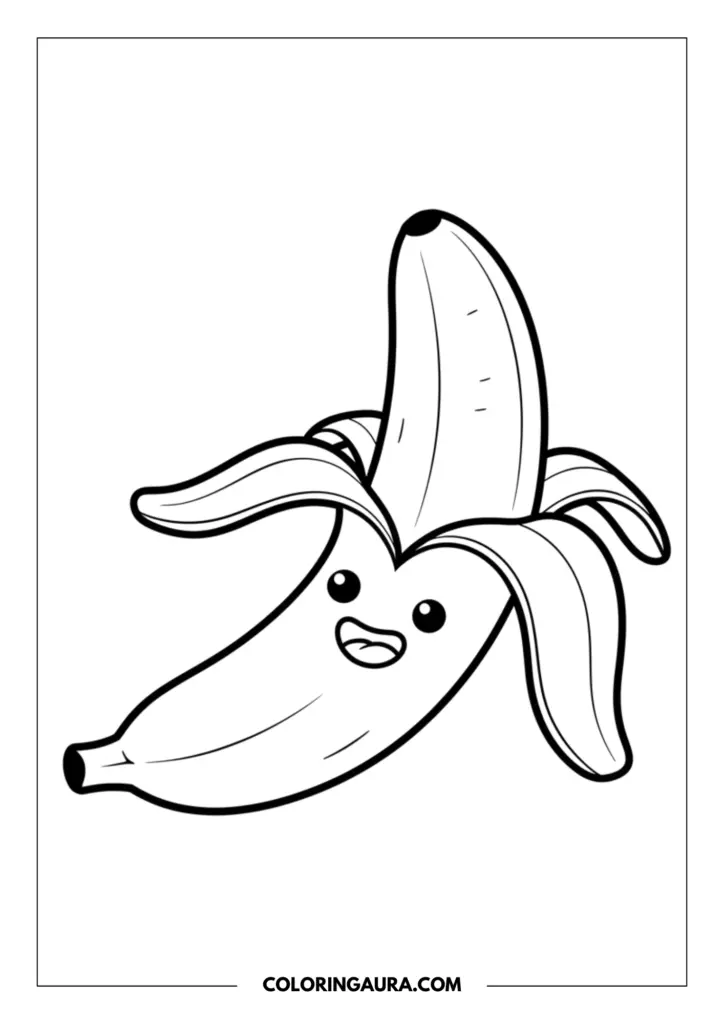 Line art coloring page showing a peeled banana standing upright with a happy open mouth and large cute eyes.